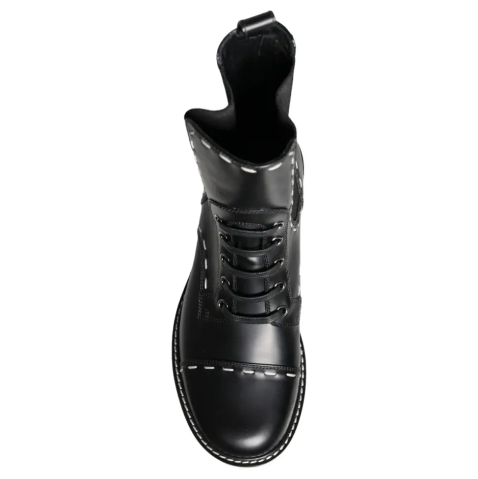 Bottes de combat mi-mollet en cuir noir