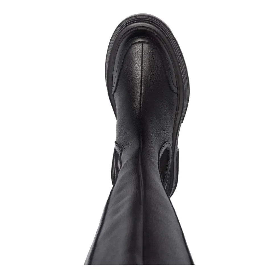 Bottines Longues en Cuir de Veau Grainé Noir