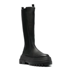 Bottines Longues en Cuir de Veau Grainé Noir