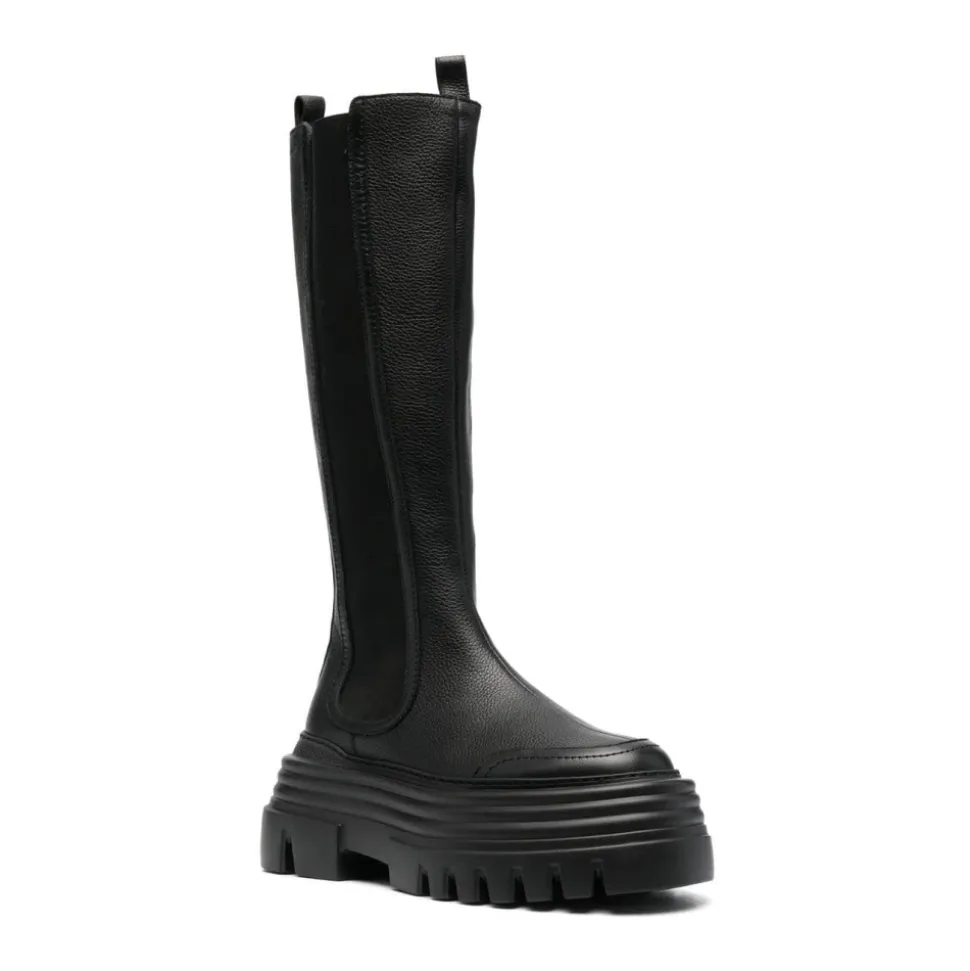 Bottines Longues en Cuir de Veau Grainé Noir
