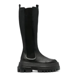 Bottines Longues en Cuir de Veau Grainé Noir
