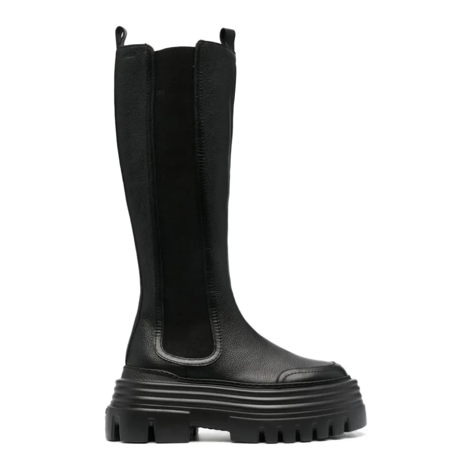 Bottines Longues en Cuir de Veau Grainé Noir