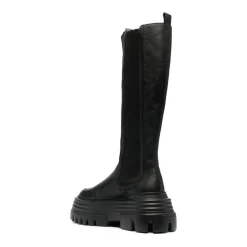 Bottines Longues en Cuir de Veau Grainé Noir