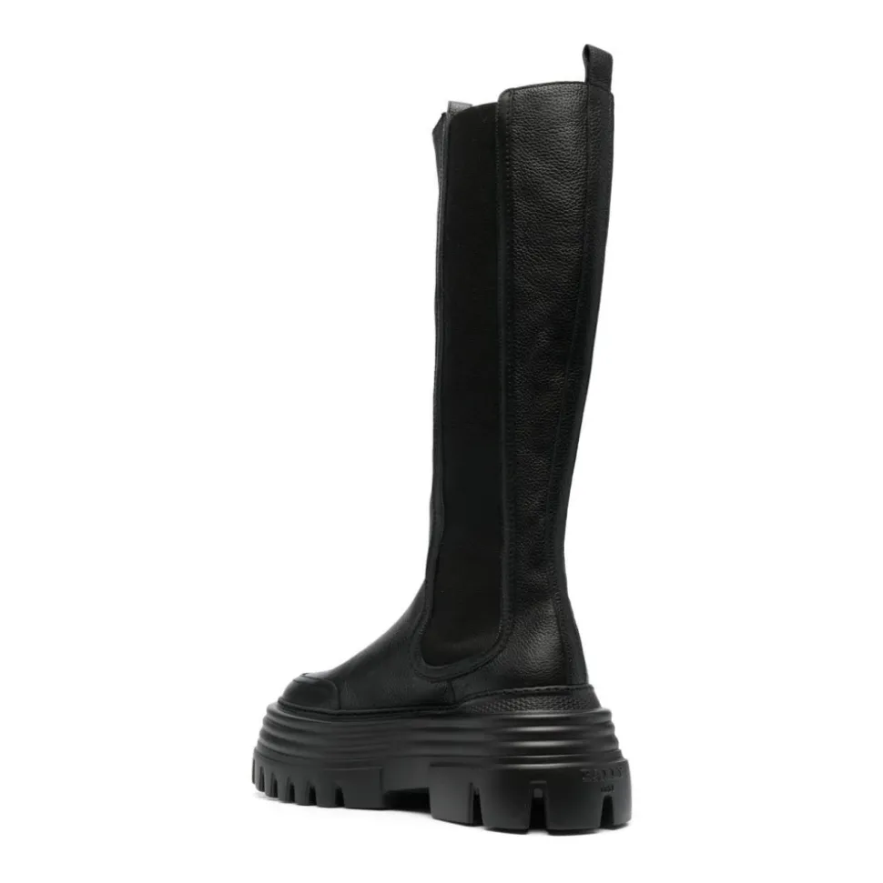 Bottines Longues en Cuir de Veau Grainé Noir