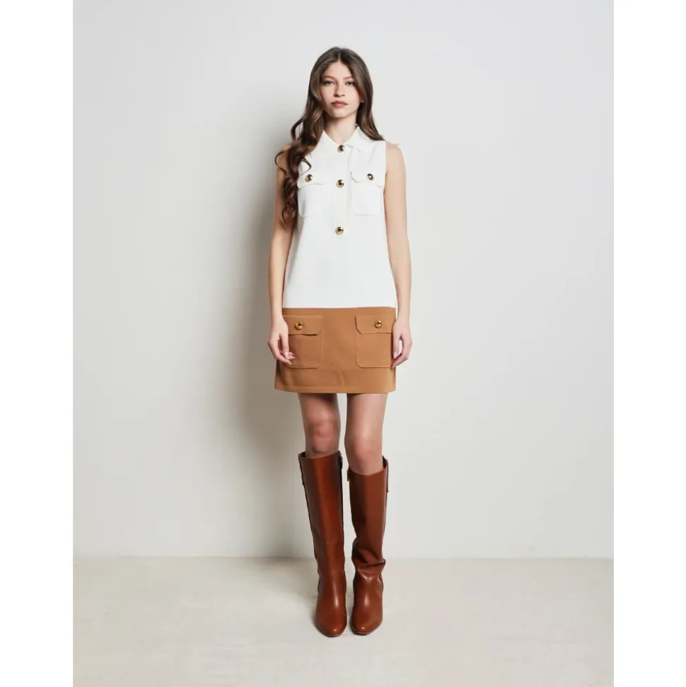 Boxy Knit Dress with Bicolor Band and Gold Buttons