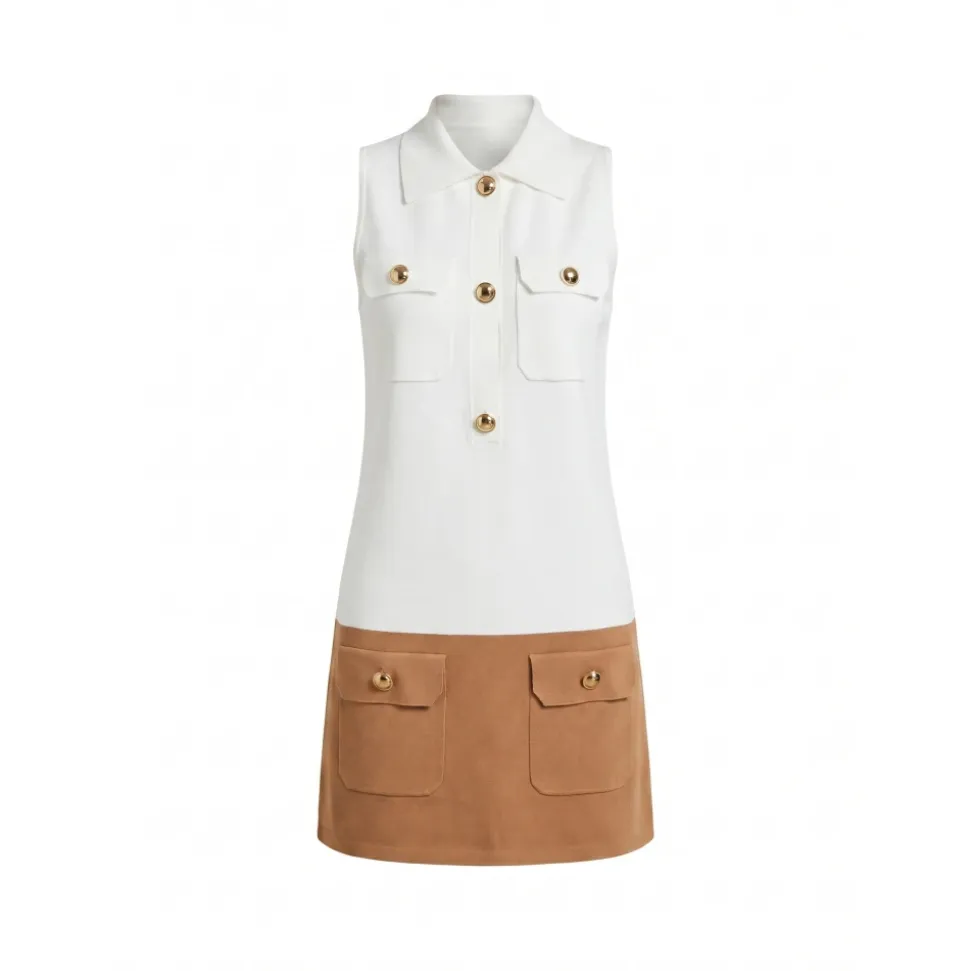 Boxy Knit Dress with Bicolor Band and Gold Buttons