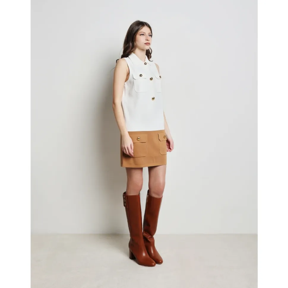 Boxy Knit Dress with Bicolor Band and Gold Buttons