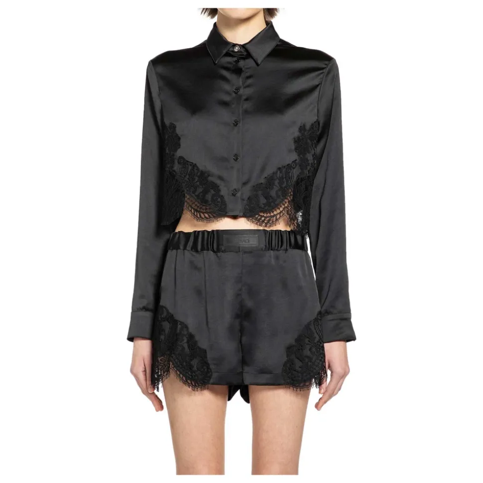 Chemise Courte Satinée à Bordure en Dentelle
