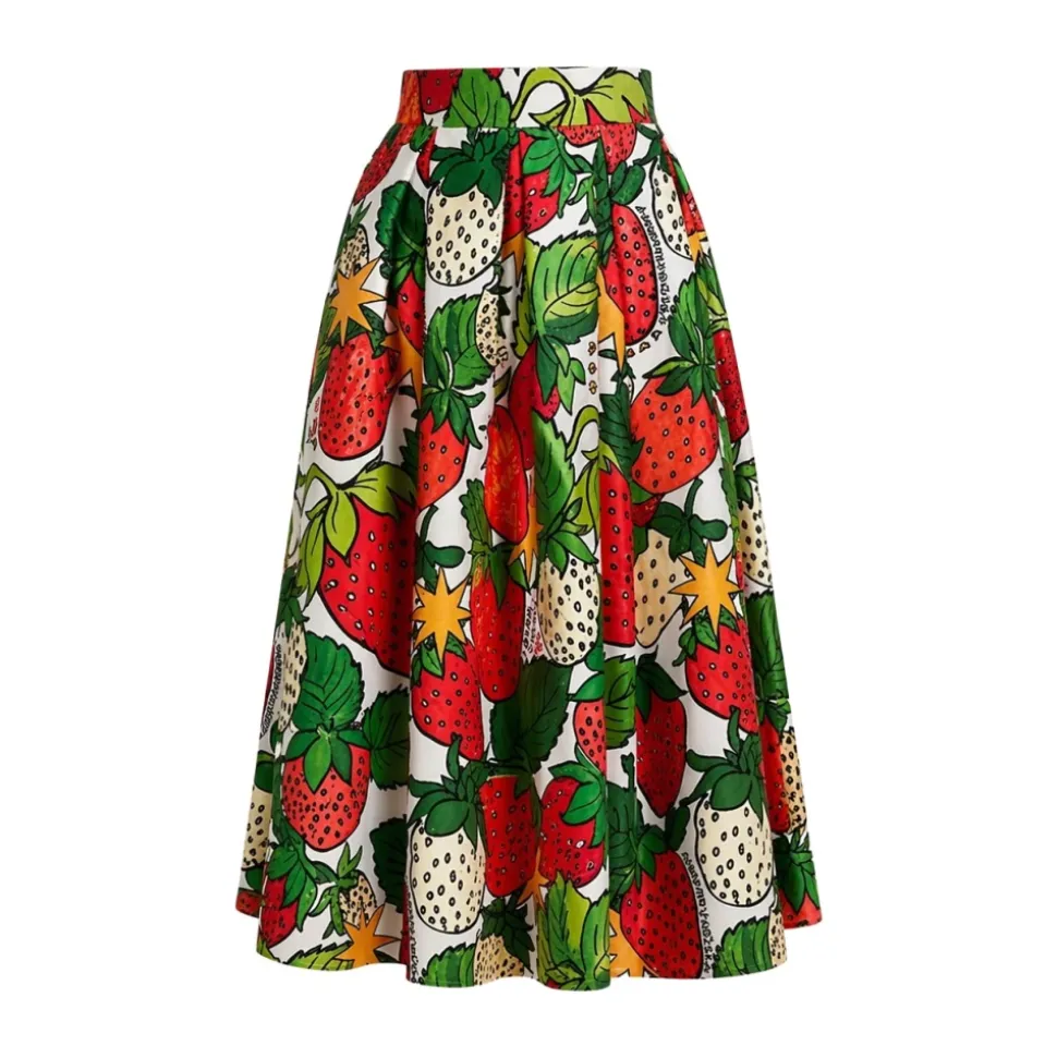 Jupe Midi Ample à Imprimé Fraises