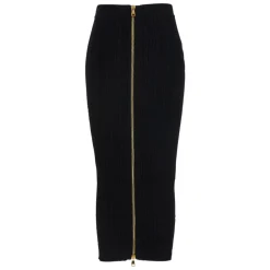 Jupe Midi Noire Côtelée avec Boutons