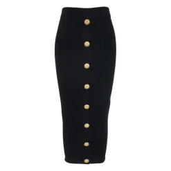 Jupe Midi Noire Côtelée avec Boutons