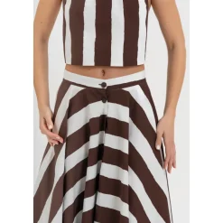 Jupe midi évasée en coton à rayures avec taille haute