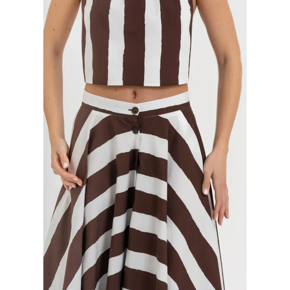 Jupe midi évasée en coton à rayures avec taille haute
