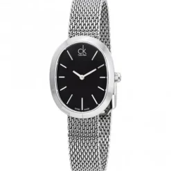 Élégante montre à quartz avec cadran noir et bracelet en acier argenté