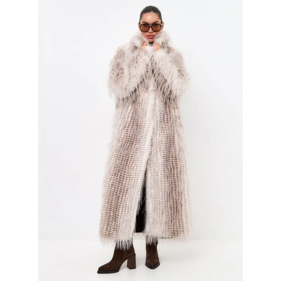 Manteau Long Ceinturé en Fausse Fourrure