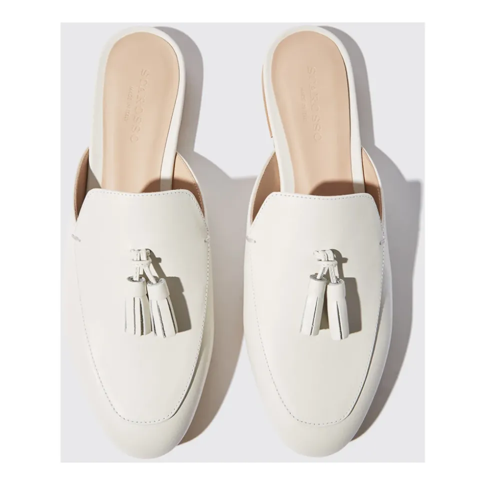 Mules à Pompons en Cuir Blanc