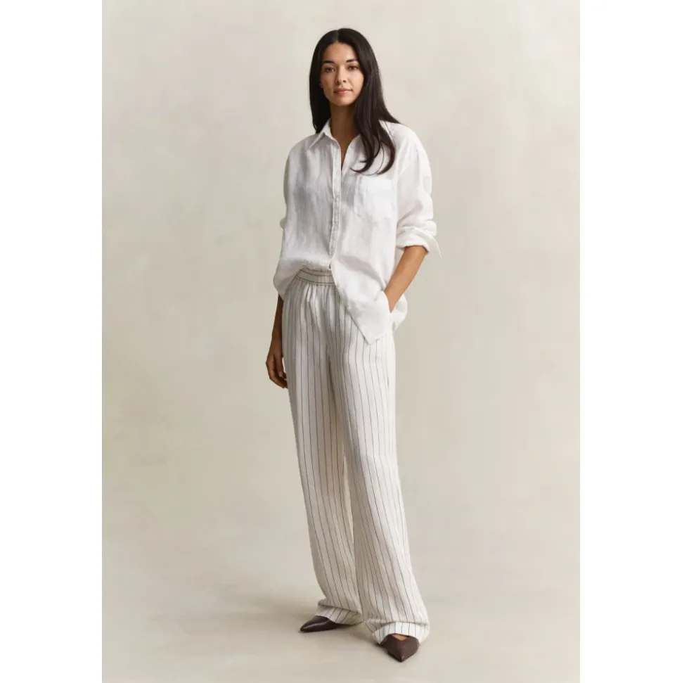 Pantalon droit rayé en lin mélangé