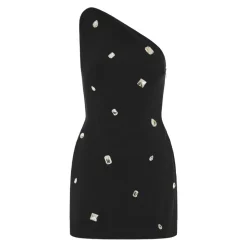 Robe courte asymétrique à épaules dénudées et broderies de cristaux