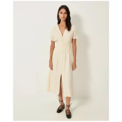 Robe Midi Boutonnée avec Taille Smockée