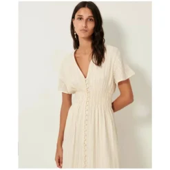 Robe Midi Boutonnée avec Taille Smockée