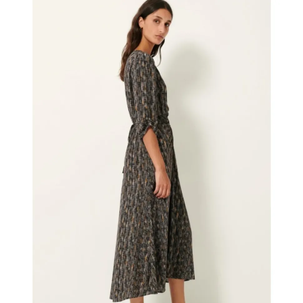Robe Midi Fluide à Col en V et Imprimé Unique