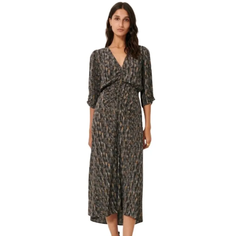 Robe Midi Fluide à Col en V et Imprimé Unique
