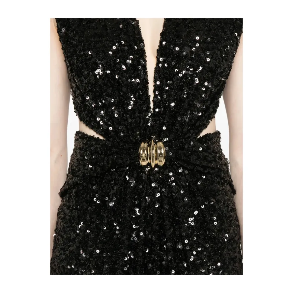 Robe Noire Sans Manches à Col V et Détails Découpés