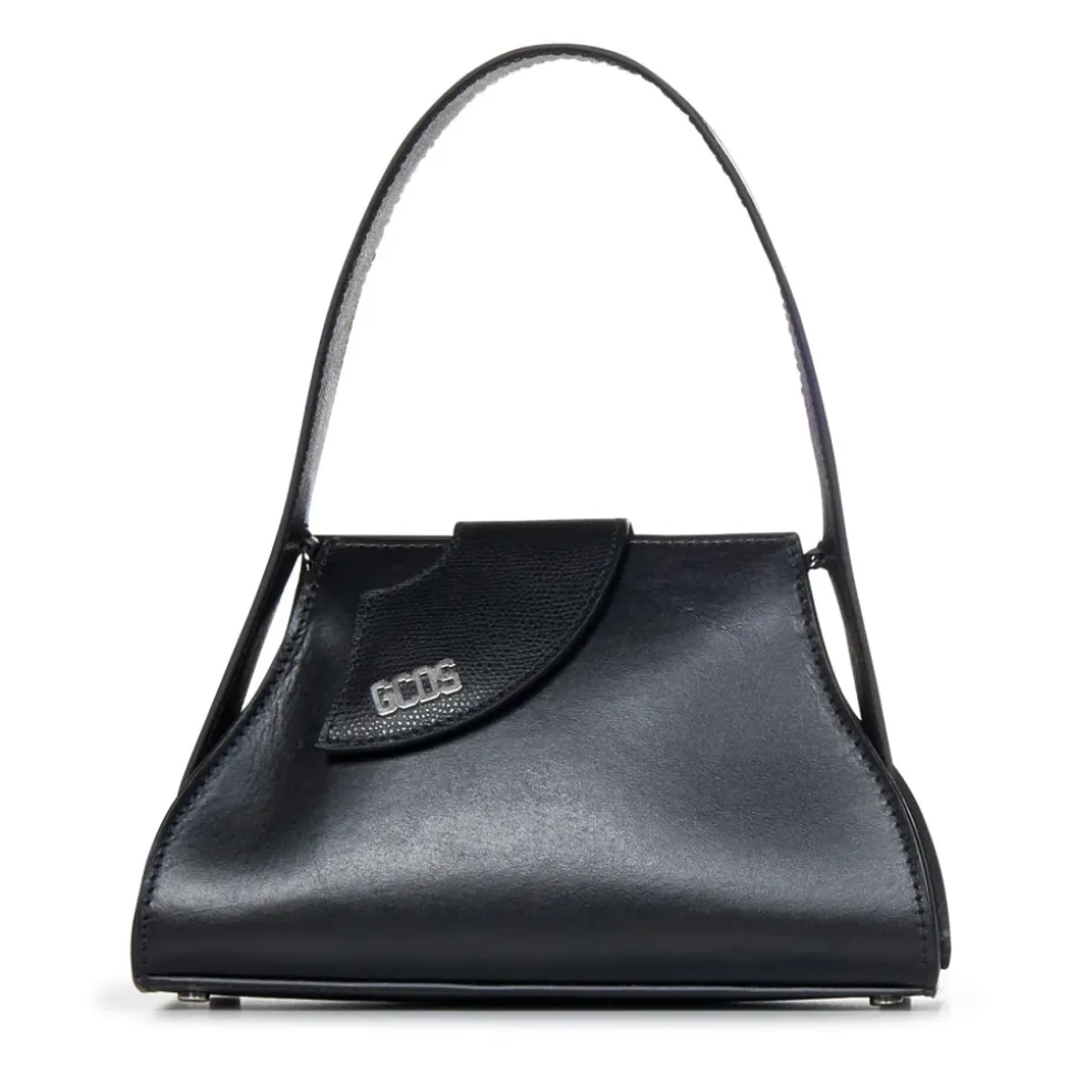 Sac en cuir noir avec rabat asymétrique et logo en argent nickelé