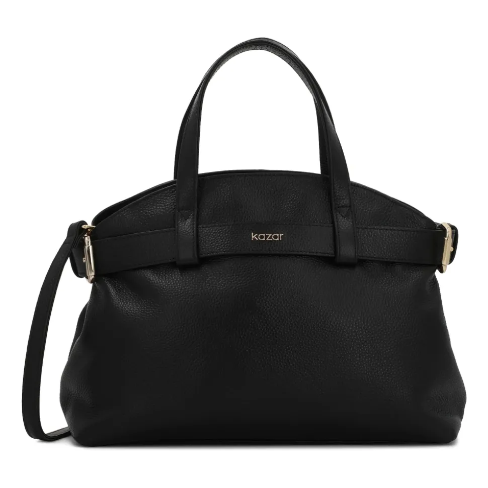 Sac à main en cuir noir avec sangle décorative et intérieur fonctionnel