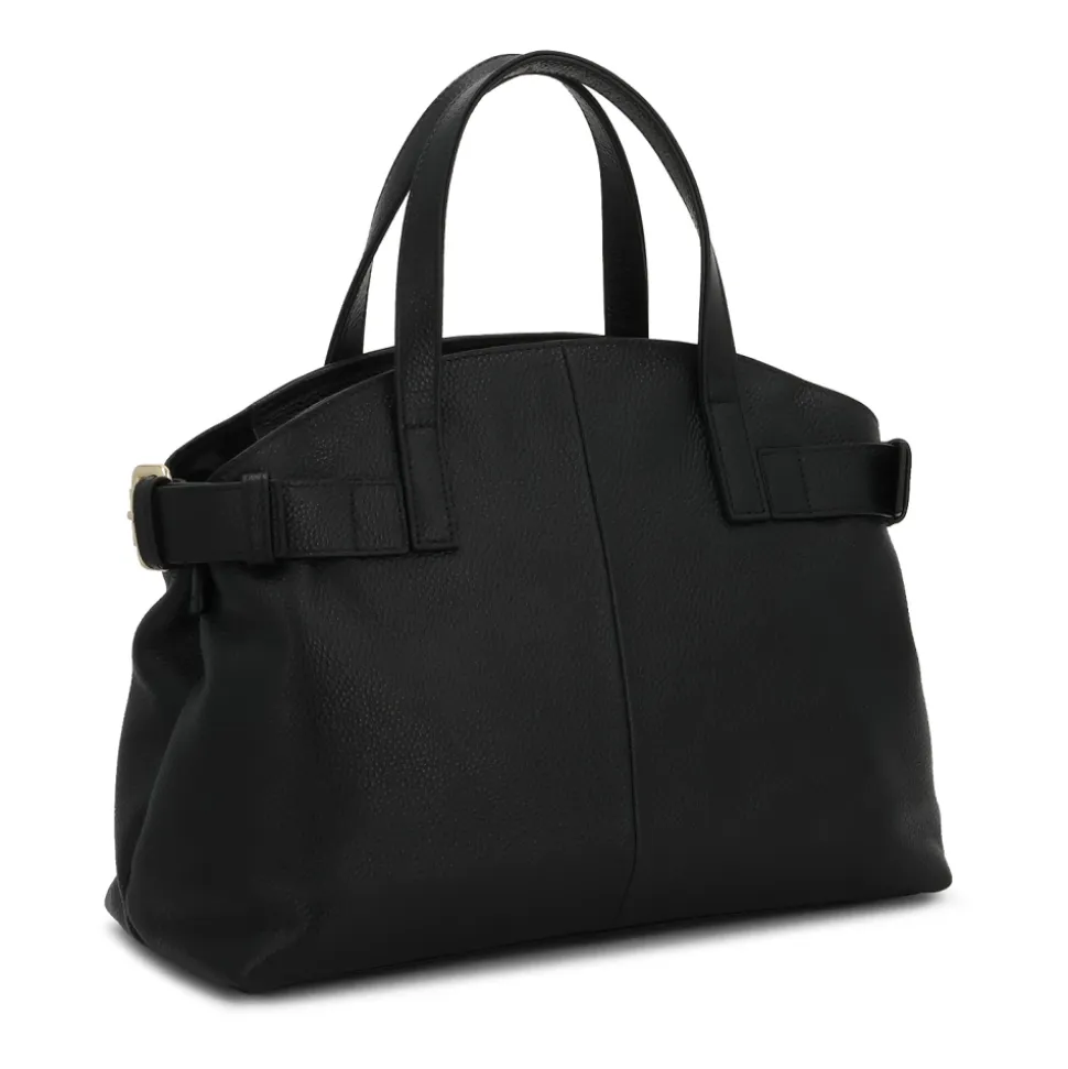 Sac à main en cuir noir avec sangle décorative et intérieur fonctionnel