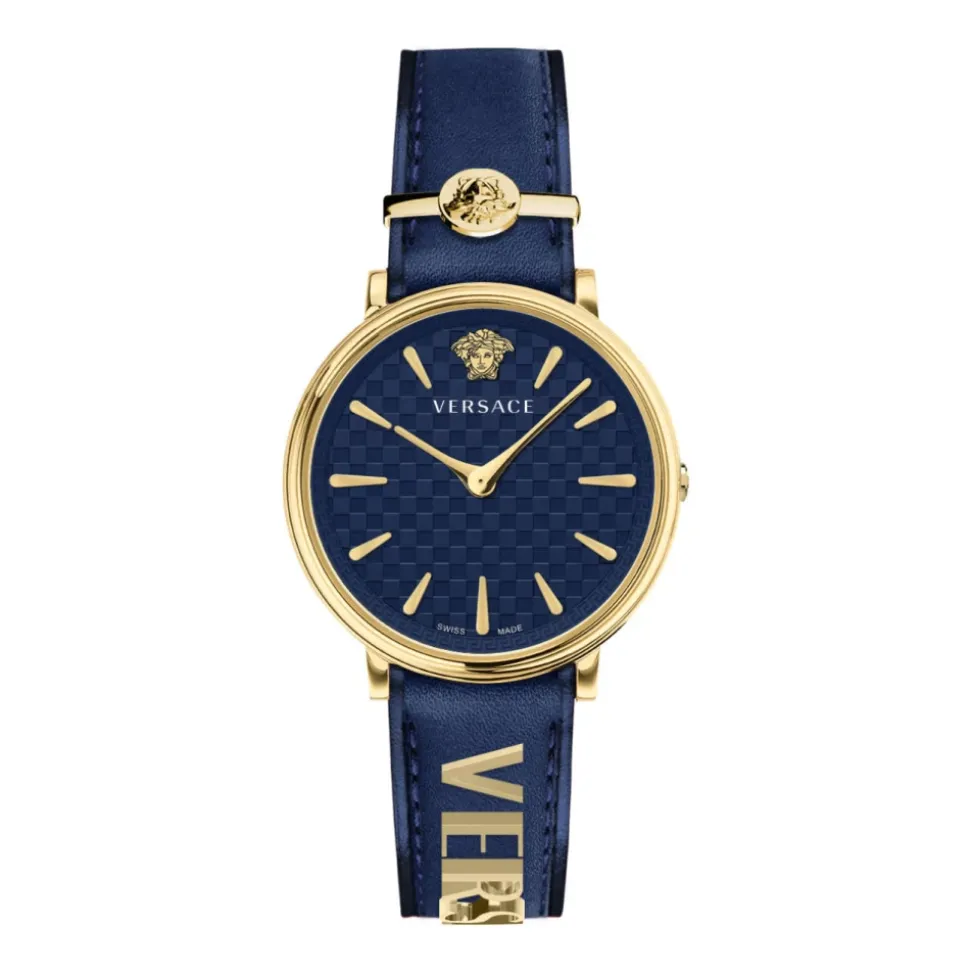 V CIRCLE Montre en Cuir Bleu/Or